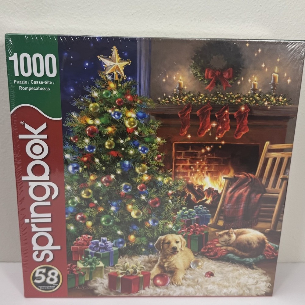 SPRINGBOK 500 CHRISTMAS MORNING GOLDEN RETRIEVER  CAT FIREPLACE TREE PUZZLE NEW‎